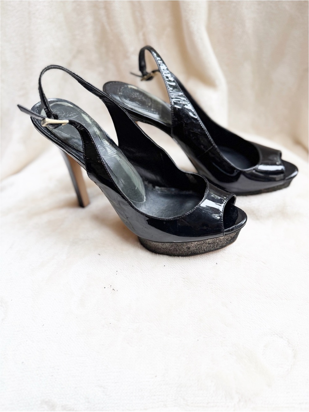 Black Patent Leather Peep-Toe Platform Slingback Heels